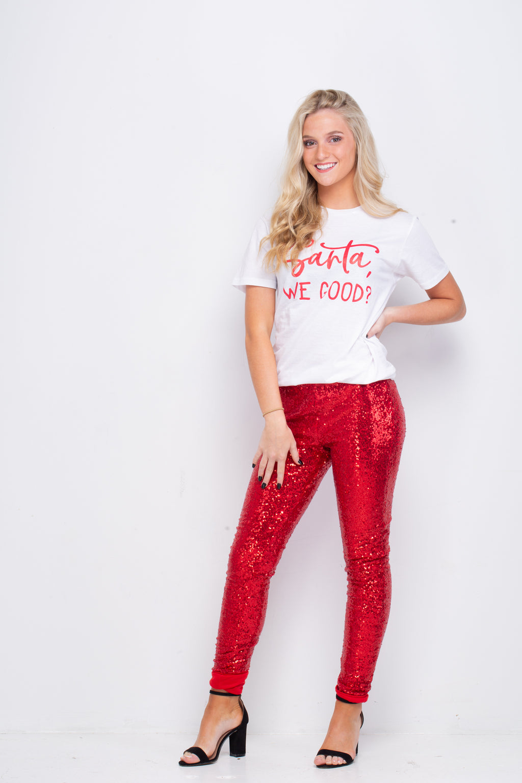 Belted Sequin Trousers - RED